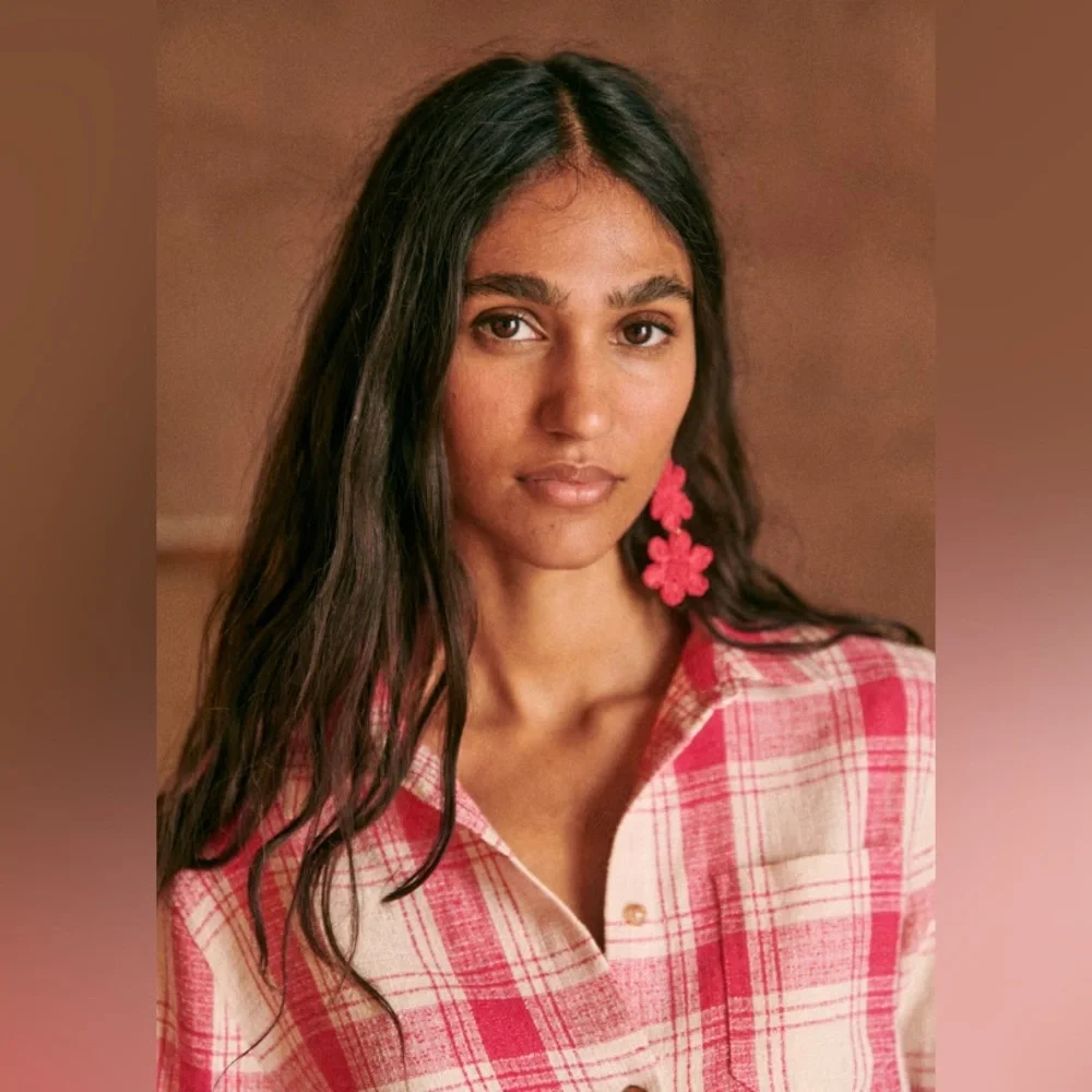 Sezane Tomboy Button-Up Shirt Plaid Pink White Maxi Check Sz 6 NWT Linen Blend - Picture 8 of 11